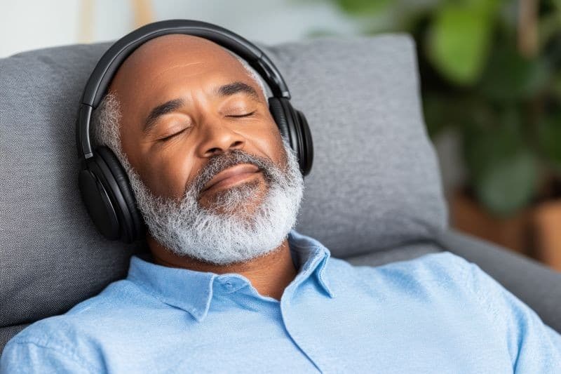 Patient wearing headphones during music therapy
